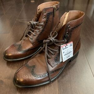 Zara Men's Dark Brown Brogue Leather Boots BNWT Size 8 / 41